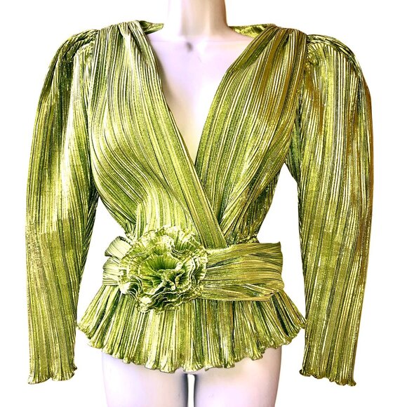 Vintage 80's Metallic Peridot Accordian Pleats Evening Blouse Belt Flower - Picture 10 of 14